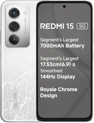 Redmi 15 5G smartphone highlighting features: large 7000mAh battery, 17.53 cm (6.9 inch) 144Hz display, and Royale Chrome design.